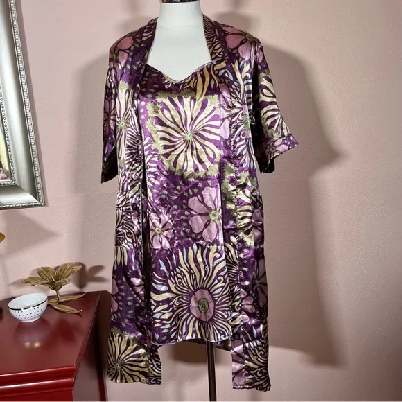 Vintage retro Asian floral royal purple green satin mini slip dress Robe set - Picture 6 of 16